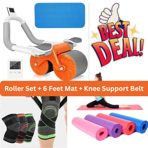 Single Elbow Support Roller + 6 Feet Yoga Mat + Knee Support Belt Combo